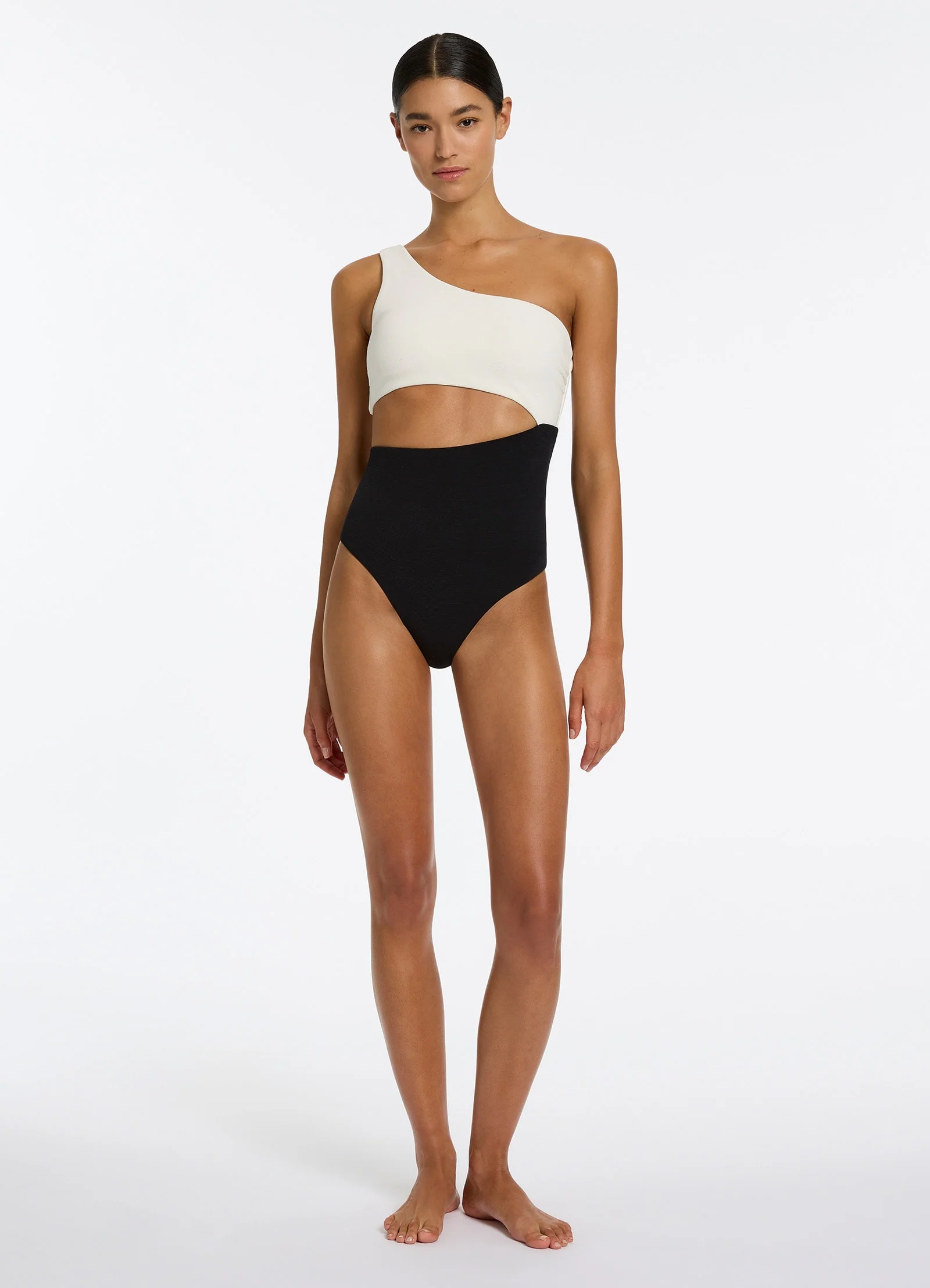Versa Rib One Shoulder One Piece - Black/Cream - Image 5